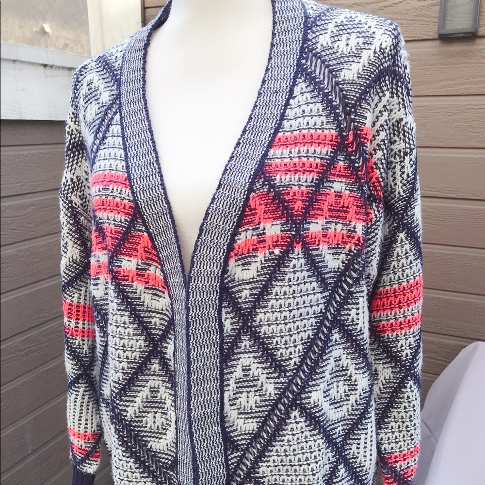Ezra Navy Blue Coral Geometric Diamond Open Front Cardigan Sweater Womens
